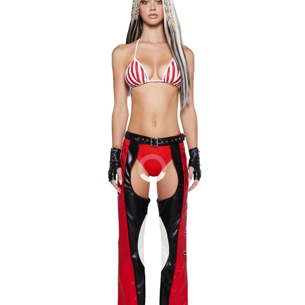 Red & Black Cut-Out Faux Leather Chaps X-Tina Costume Christina Aguilara